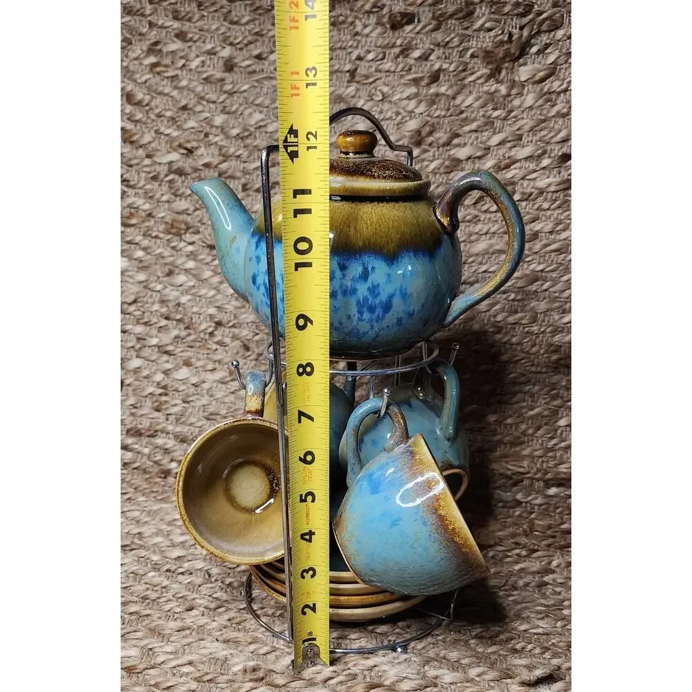 Artisanal Ceramic Teapot & Cup Set in Blue and Yellow